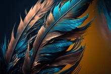  A Close Up Of A Blue And Brown Feather On A Yellow Background With A Black Background And A Black Background With A Red And Blue Feather On It's Side Of A Yellow Background. Generative Ai