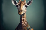 Fototapeta  - Portrait of giraffe in a victorian dress. Generative AI