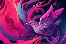  A Bird With A Pink Body And Purple Wings Flying In The Air With A Purple Background And A Pink Swirl Around It And A Blue Sky With White Bubbles And Pink Circles On The Bottom. Generative Ai