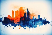 A Painting Of A City Skyline With Orange And Blue Colors On It's Skyline And A Blue Sky Background With White Clouds And Blue And Orange And Blue Watercolors And Blue Spots. Generative Ai