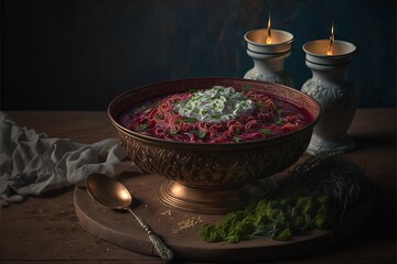  a bowl of soup with a spoon and two candles on a table next to it and a cloth on the tablecloth on the table next to it, and a candle holder with a cloth. generative ai