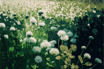  a painting of a field of flowers and grass with a sky background and a green field with white flowers and green leaves and a few white flowers in the foreground, with a few. Generative AI