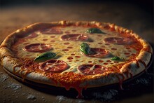  A Pizza With Pepperoni And Basil On A Table Top With A Brown Background And A Black Border Around The Edges Of The Pizza Is Drizzled With Red Sauce And Green Leaves. Generative Ai