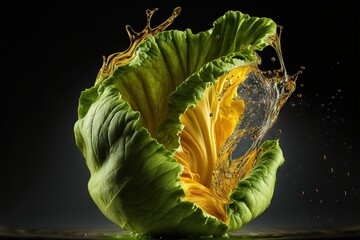 Poster -  a green leafy vegetable with a splash of water on it's side and a black background behind it, with a black background with a black backdrop and white border, with a drop of water. Generative AI