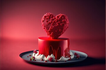 Poster -  a heart shaped cake on a plate with a red background and a red background behind it, with a red background and a red background with a white border and red border, with a. Generative AI