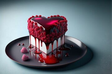 Wall Mural -  a heart shaped cake with red and white toppings on a plate with red liquid dripping down the side of it and a heart shaped cake on top of the plate is covered with red and. Generative AI