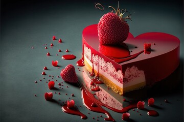 Wall Mural -  a heart shaped cake with a strawberry on top of it and a knife stuck in the middle of it with blood running around it and on the ground, with a knife and a knife. Generative AI