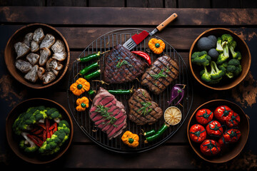 Fresh meat steaks, skewers, and vegetables are seen from above on grills that are set out on a wooden floor. Concept of food, grill, and barbecue. Generative AI