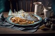  a fish and fries on a plate with a cup of coffee and a teapot on a table with a blue cloth and a blue towel on it and a wooden table with a blue cloth. generative ai