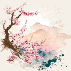 Wall Mural - Watercolor vector landscape of cherry blossoms in japanese park. Image created neural networks.