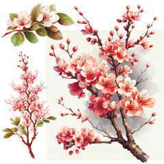 Wall Mural - Collection of сherry blossom flowers and branches in vector watercolor style
