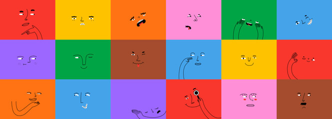 Wall Mural - diverse people face doing funny hand gesture and emotion. colorful avatar design set, modern flat ca