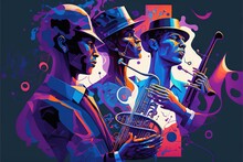  A Painting Of Three Men Playing Instruments In A Jazz Band, With A Purple Background And A Blue Background With A Pink And Purple Design Of A Man In The Middle With A Top Hat. Generative AI