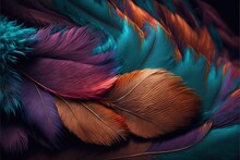  A Close Up Of A Colorful Feather Pattern On A Black Background With A Black Background And A Black Background With A Red, Orange, Blue, Green, And Pink And Orange Feather Pattern. Generative AI