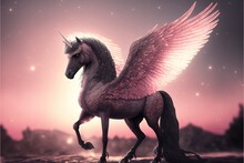  A Pink And Black Unicorn With Wings On Its Back Standing On A Rock In The Water At Night Time With Stars In The Sky Behind It And A Pink Sky With A Pink Hued. Generative Ai