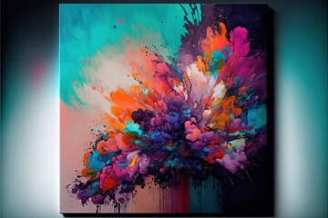 Poster -  a painting of a colorful flower on a blue background with a black frame and a white background with a blue border and a black border with a white border and a blue border with a. Generative AI