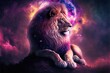  a lion sitting on a rock with a sky background and stars in the background, and a full moon in the sky above it, with a purple hue of pink and blue hue, and purple hue. generative ai