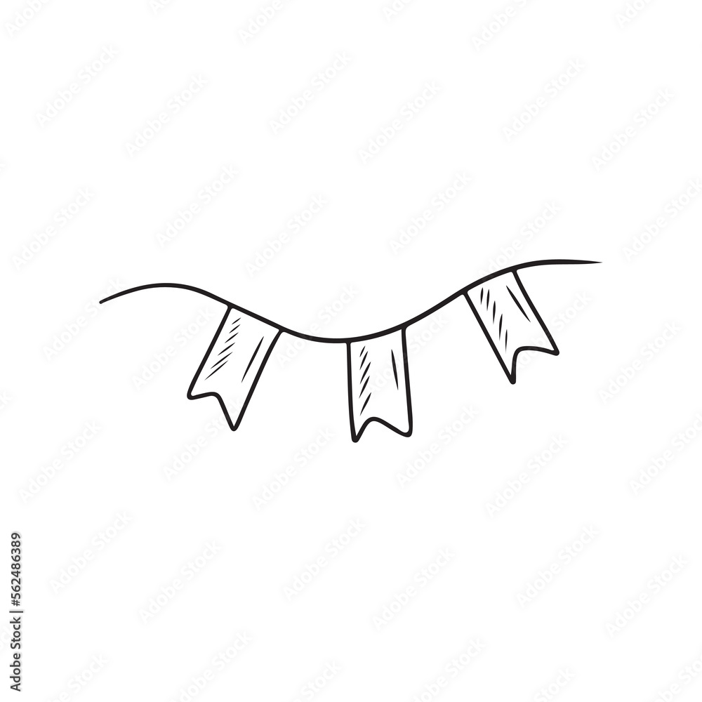 String with three flags in black isolated on white background. Hand ...