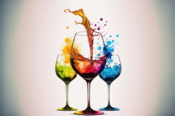 Poster -  three wine glasses with different colored liquids in them, one is pouring into the other, and the other is pouring into the glass with a splash of water in it, on a white background. Generative AI