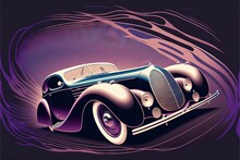 A Car Is Shown In A Stylized Style With A Purple Background And A Purple Background Behind It, And A Purple Background Behind It, And A Purple Background With A Purple Swirl, With. Generative AI