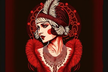 Sticker -  a woman with a red feather hat and red dress with a red background and a red circle around her neck and a red feathered collar and a red background with a black circle with. Generative AI