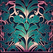  A Blue And Pink Design With A Pink Border On It's Side And A Pink Border On The Other Side Of The Picture, With A Green Leafy Design On The Border,. Generative AI