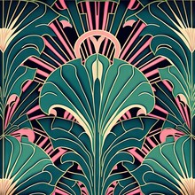  A Painting Of A Green And Pink Design With A Large Fan Like Design On It's Side And A Pink And Blue Background With A Pink Design On The Bottom Of The Front Of The Fan. Generative AI