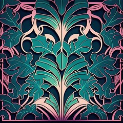 Poster -  a blue and pink design with a pink border on it's side and a pink border on the other side of the picture, with a green leafy design on the border,. Generative AI