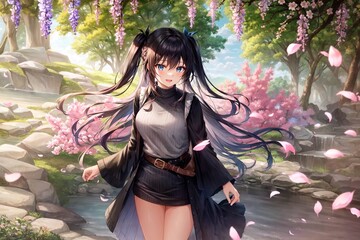 Wall Mural - girl in a black dress under a cherry blossom tree, 