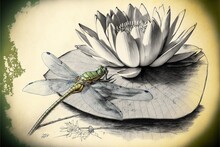  A Dragonfly Sitting On A Lily Pad Next To A Flower In A Pond Of Water With A Lily In The Background And A Water Lily Pad In The Foreground With A Water Lily. Generative AI