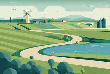 Poster -  a painting of a landscape with a river and windmills in the distance and a road winding through the grass to the right of the picture is a windmill and a small house on the right. Generative AI