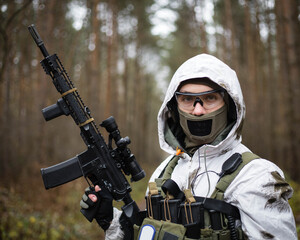 Man in a winter camo suit with gun up.