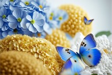 Amazing Background With Hydrangeas And Daisies. Yellow And Blue Flowers On A White Blank. Floral Card Nature. Bokeh Butterflies Generative AI