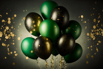 Sticker - Festive background with green and black balloons. Generative AI.