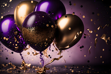 Wall Mural - Luxury background with purple and gold balloons. Blurry festive background with balloons. Generative AI.