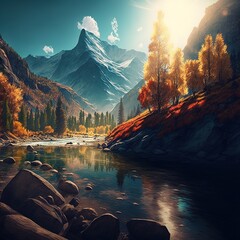 Sticker -  a painting of a mountain river with trees and rocks in the foreground and a mountain range in the background with a bright sun shining on the mountain range in the background, with a. Generative AI