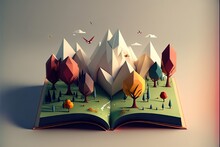  A Book With A Landscape Of Trees And Mountains On It, And A Bird Flying Over It, In The Middle Of A Book Is A Landscape With A Book, And A Bird Flying. Generative AI