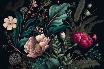 Poster -  a painting of flowers and leaves on a black background with a gold border around the edges of the image and a white flower in the middle of the picture, and a pink flower in the middle. Generative AI