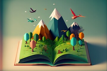 Poster -  an open book with a landscape of mountains and trees on it, and birds flying around it, on a blue background with a shadow from the book's pages to the bottom of. Generative AI