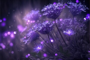  a bunch of purple flowers with water droplets on them in a dark background with a blurry light behind them and a blurry background with bubbles and a blurry light at the bottom. Generative AI