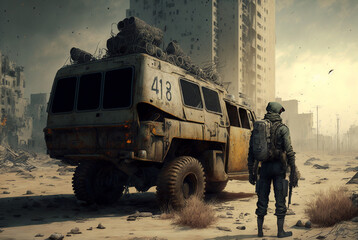 Soldier wearing gas mask in post-apocalyptic city ruins and battlefield. War concept.Generative AI.