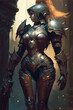 Female knight in armor. Medieval futurism. Role-playing game illustration. Generative AI.