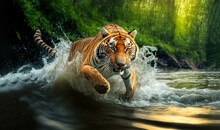 Tiger Runs On Water, In Forest. Dangerous Animal. Wildlife Animal Background. Animal In A Green Forest Stream.	