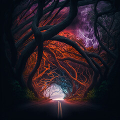 Wall Mural - a magical tunnel into the unknown, against which a dark bright sky