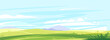 Big panorama of fields and meadows, summer countryside with green hills, summer sunny glades with field grasses and blue sky, travel concept illustration