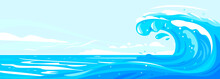 One Big Blue Ocean Wave In Side View Illustration Landscape, Wonderful Surfing Wave In Ocean, Panorama Of Open Deep Sea Ocean With Big Wave