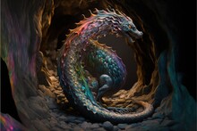  A Colorful Dragon Sitting In A Cave With Rocks And Water Around It's Sides And Its Tail Curled Up In A Spiral Pattern, With A Black Background Of Rocks And A Black Background.