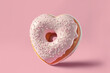 Heart shaped donut with sprinkles on a pink background. Created with generative AI technology. 
