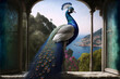 closeup of a blue peacock in the mountains. GENERATIVE AI
