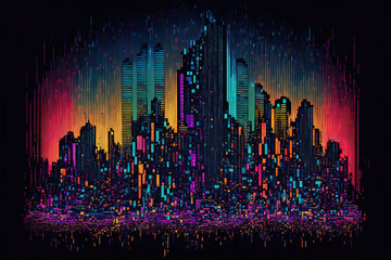 Neon high tech digital city in binary code, Generative AI